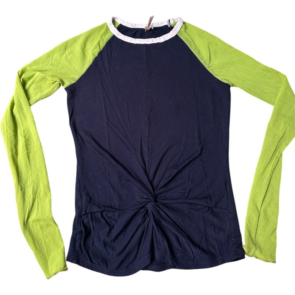 Y2K Pete Collection Navy Twist Front Top Neon Mesh Raglan Sleeves XS
